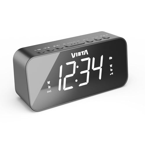 Vieta Pro | Despertador Digital con Radio FM Autotune y Altavoz Integrado de Sobremesa para mesita de Noche con Pantalla Display LED con Reloj y 2 Alarmas. Modo sueño y botón Snooze (Transparente)