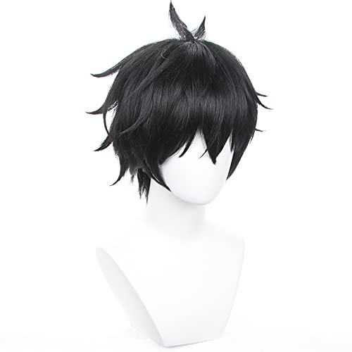 Image of Anime Black Short Wigs with Bangs Men Short Straight Wig Layered Haircut Wig Game Dragon Lunae Cosplay Wigs Halloween,Christmas,Comic con,Game Show,Party
