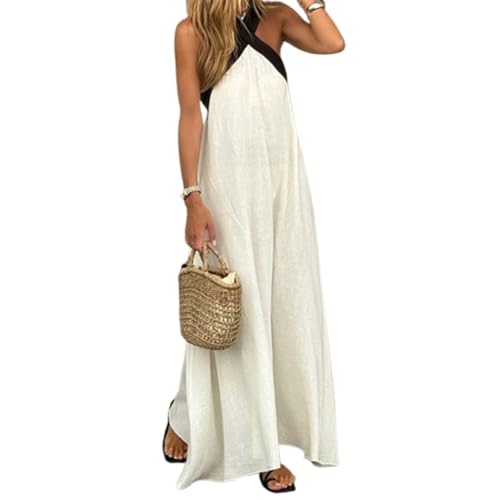 Vestido de Mujer con Cuello Halter Cruzado y sin Mangas, Vestido Largo de Verano con Cuello Halter y Corte en A (White,M)