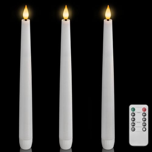 Image of Homemory 3 Pcs Waxy Flameless Taper Candles with Remote, Led Flameless Candlesticks Classic Tall Candles, Flickering Battery Operated Taper Candles for Bedroom, Dining Room, White, 9.6 inches