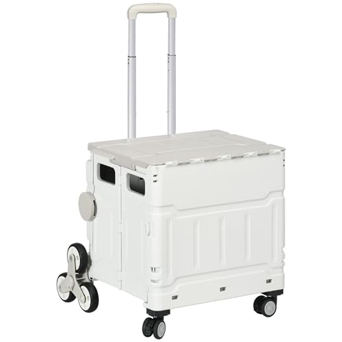 HOMCOM Carrito de la Compra Plegable Carrito para Supermercado con 2 Ruedas para Subir Escaleras 2 Ruedas Universales Ángulo y Longitud de Mango Ajustable Capacidad 35L 48x43x95 cm Blanco