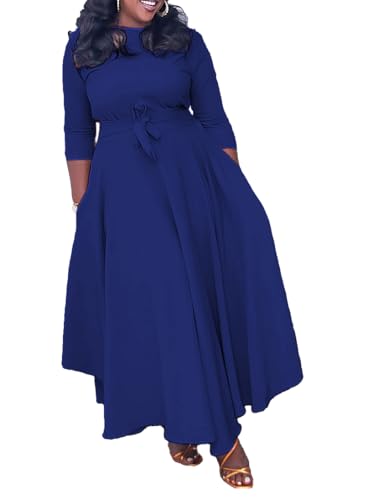 Image of Hostoyo Women Plus Size Formal A Line Maxi Dress Self Tie Waist with Pockets Elegant Round Neck Swing Long Dresses