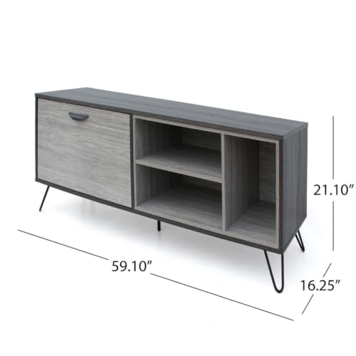 Image of Flux Engineered Wood TV Cabinet & Entertainment Unit | Modern TV Stand with 1 Flip-Down Door & Open Storage Shelves | Media Console for Living Room | Hairpin Legs | Grey & Charcoal Finish
