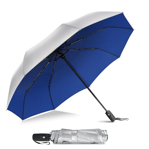 ZOMAKE Travel Umbrella UV Protection UPF 50+ Auto Open Portable Umbrellas UV Blocking Windproof Umbrella for Women Men Sun Rain (Silver Blue)