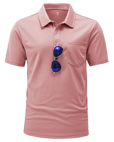 YSENTO Polo de manga corta para hombre, polo de golf, ajustado, tenis, con bolsillo, Rosa polvo, L
