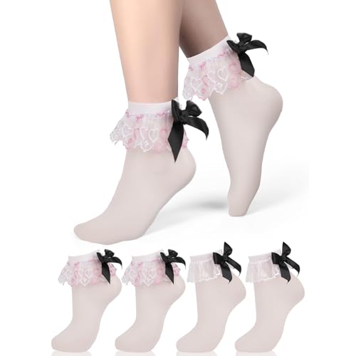 Womens White Ruffle Socks with Bow Ankle Lace Trim Frilly Socks Summer Thin Coquette Lolita Bobby Dress Sock Woman