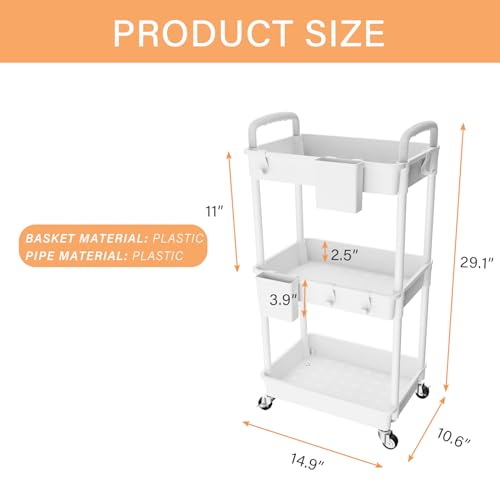 Image of 3 Tier Rolling Utility Cart with Handle,REBECAT Utility Cart Made of Multifunctional Storage Organizer Tool for Kitchen,Bathroom,Living Room,Office(White)