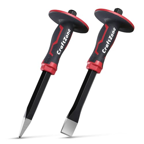 Image of Masonry Chisel Set - 2-Piece Heavy Duty Pointed & Flat Rock Chisels, Concrete Stone Chisel with Hand Protection for Brick Breaking Carving Splitting Cutting Mason Tools