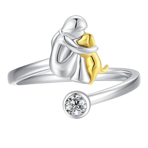 Sbshiouu Anelli a forma di cuore regolabili con disegni di ragazze e cani galvanizzati per un uso prolungato per animali domestici, 2.1cm, Placcatura