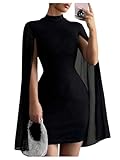 BEAUDRM Women's Y2K Cape Sleeve Dress Mock Neck Bodycon Mesh Elegant Cocktail Mini Dress Black Medium