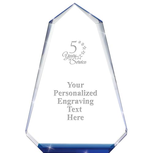 Crown Awards Personalized Crystal Trophy, 9" Engraved 5 Years of Service Sapphire Pinnacle Crystal Award