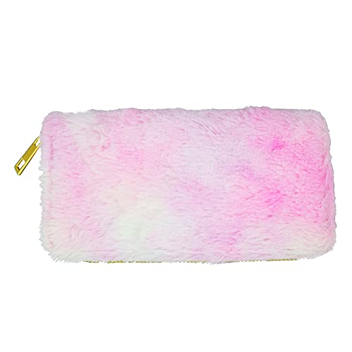 Rainbow Fur Wallet Tie Dye Plush Zipper Long Clutch Purse Card Holder for Girls (Pink Ombre)4
