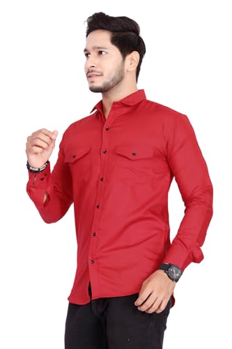 Image of Men's Cotton Spread Collar Full Sleeve Regular Fit Solid Casual Shirt with Double Pockets - Stylish Comfortable Shirt for Everyday Wear