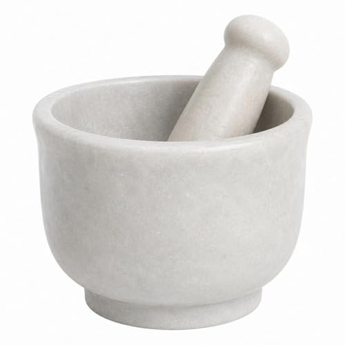Image of STONE CRAFT White Marble Mortar and Pestle for Kitchen | Okhli Musal | Stone Grinder for Kitchen | Kharal Khalbatta | Granite Rolu Rokali | Herbal Spice Crusher Set