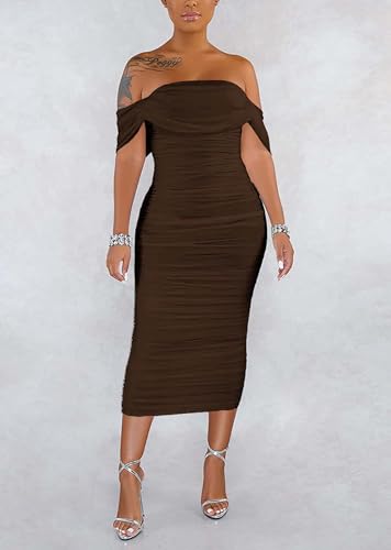 Image of Fooullaide Women's Sexy Off Shoulder Sleeveless Bodycon Ruched Midi Dress | Stretchy, Breathable, Mesh, Not See-Through, Elegant,Formal Gown, Cocktail, Evening, Party, Night Out Tube Dresses