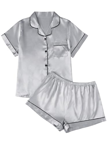 Image of LILLUSORY Silk Satin Pajama Set for Women Summer Two Piece Fall Lounge Pjs | Cozy Matching Sleepwear, Short Sleeve Button Down Shirt and Shorts, Soft Loungewear with Pocket, Cute Trendy Clothing