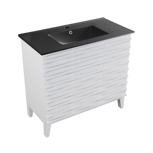 Image of Swiss Madison Cascade 36 in. White Oak Bathroom Vanity with Black Ceramic Sink Top