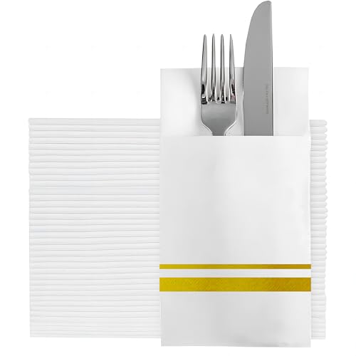 Serviettes pré-pliées pour argenterie à motif doré pour décoration de table de mariage