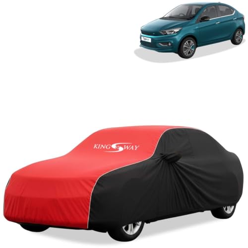 Image of KINGSWAY Super Waterproof Car Cover Only with Tata Tigor EV (Year 2019 Onwards - All Model) | Mirror and Antenna Pockets | All Weather Car Body Cover with Silver Piping | Black Red