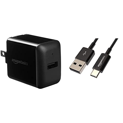 Amazon Basics One-Port USB Wall Charger for Phone, iPad, and Tablet, 12W - Black & USB Type-C to USB-A 2.0 Male Charger Cable, 3 Feet (0.9 Meters), Black, 1 Count, 1-Pack