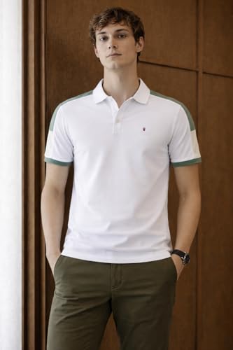 Image of Louis Philippe Men's Slim Fit Premium High-End Pique in Superior Cotton Cut & Sew Design Color Block Shoulder Half Sleeve Polo Tshirt