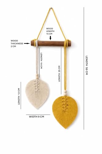 Image of AdFashionble Boho Macrame Wall Hanging Leaf Decor for Home, Living Room & Bedroom | Cotton Thread Art with Wooden Rod | Minimalist Handmade Wall Decoration | Aesthetic Nordic Wall Art for Home, Office & Gift Purpose Lenght- 58 cm Width- 15 cm (YELLOW & OFFWHITE)