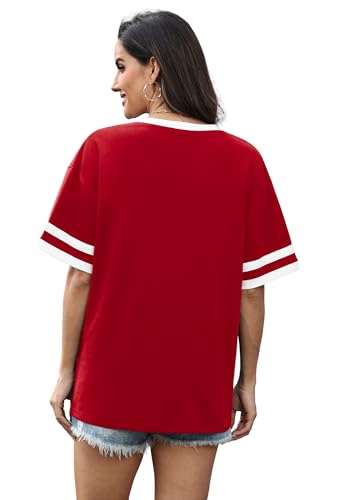 Image of WIHOLL Womens T Shirts Loose Fit Short Sleeve Tees V Neck Color Block Summer Tops 2026 Fashion S-4XL