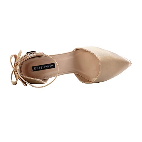Image of ERIJUNOR Wedding Evening Party Shoes Comfortable Mid Heels Pumps with Bow Knot Ankle Strap Wide Width Satin Shoes