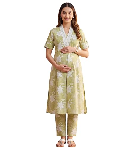 Image of DUMMY SHAPE Maternity Dresses for Women Cotton | Floral Kurta Pant Dupatta Set with Nursing Zippers, Side Pocket | Pre & Post Pregnancy | Feeding Kurti Suit | Baby Shower | Gifts for Pregnant Woman