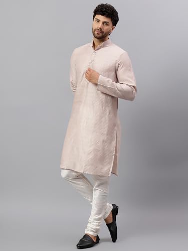 Image of LATEST CHIKAN Men's Cotton Silk Kurta Pajama Set with Mandarin Collar - Ethnic Wear for Weddings, Festivals & Functions