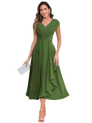 Image of SOLODISH Mother of the Bride Dresses for Wedding Tea Length Chiffon A Line Formal Wedding Guest Party Gown