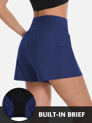 Image of ATTRACO Women's 3 inch High Waisted Swim Board Shorts Pleated Summer Beach Shorts with Pockets