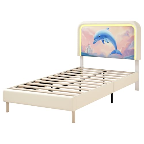 aoohxzr Twin Smart Cute Dolphin LED Bed Frames for Kids,with Adjustable Ultra-Thick Headboard,Full Size Platform Bed Frames for Boys and Girls,Wooden Slats Support,No Box Spring Needed, Easy Assembly