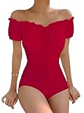MakeMeChic Women's Off Shoulder Short Sleeve Monokini Swimsuit Ruched One Piece Bathing Suit Red X-Large