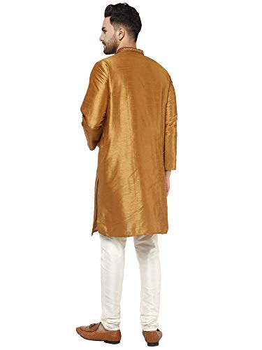 Image of SKAVIJ Men's Dupion Silk Embroidered Kurta Pajama Mandarin Collar Ethnic Motifs Festive Party Dress