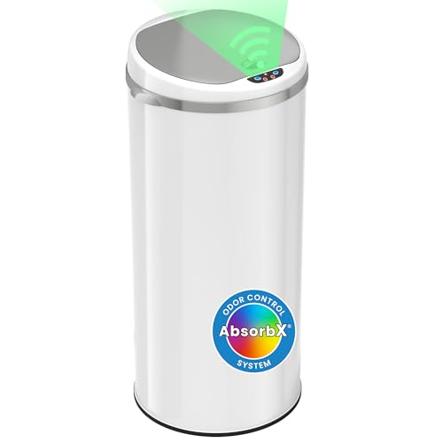 iTouchless 13 Gallon Trash Can with Odor Filter, Round White Stainless Steel Trashcan Garbage Bin for Home Office Work Bedroom Living Room Garage Large Capacity Slim Wastebasket