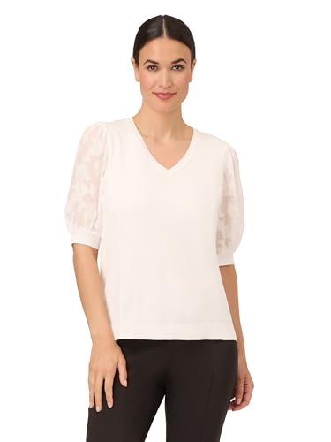 Image of Adrianna Papell Women's 3 /4 Floral Burnout Sleeve V-Neck Sweater