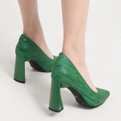 Women's Kitten Chunky Medium Heel Slip-On Pointed Toe Pumps Shoes Party Wedding Office Green4