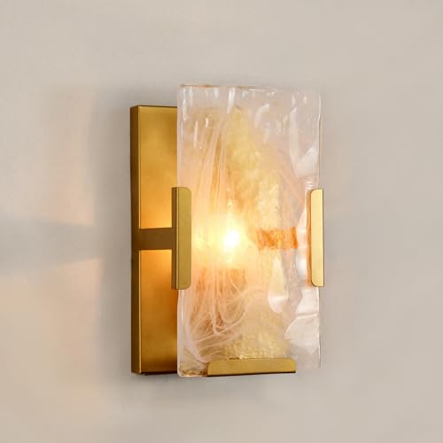 Image of Gold Wall Sconce Set ot 2, 1-Light White Cloud Glass Wall Lamp, 6 inch W x 10 inch H Alabaster Vanity Light Fixture for Living Room, Hallway, Dining Room, Bedroom (No Plug in)