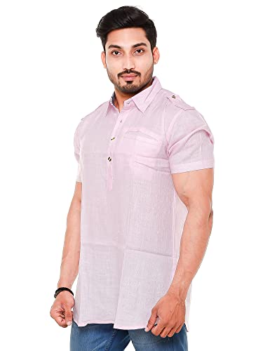 Image of Mens Cotton Linen Half Sleeve Plus Size Short Kurta