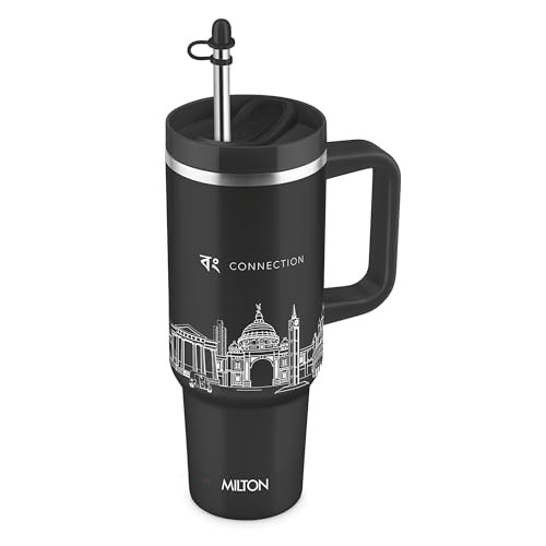 Image of MILTON Malmo 1200 Thermosteel Double Wall Vacuum Insulated Stainless Steel Tumbler with Handle 1100ml, Travel Mug with Straw,Silicon Cap,Cleaning Brush,Hot & Cold Beverage Flask,Kolkata Black
