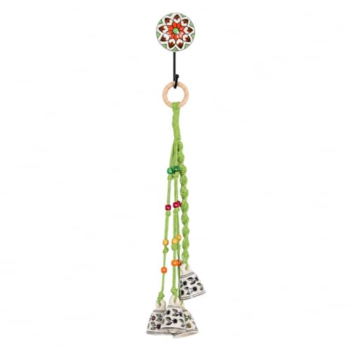 Image of KAAMERI BAZAAR Macrame Wind Chimes Enhance Living Space for Diwali (4 Bells, 1 Ring Tied with Green Macrame Thread)