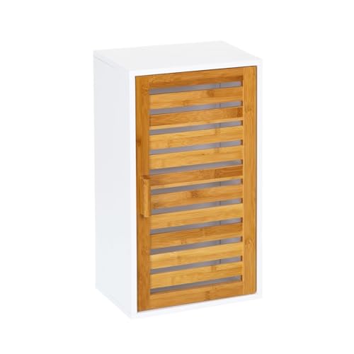 LOLAhome - Armario de baño de Pared Blanco y Madera de bambú de 53x30x18 cm con Puerta de persiana. Solución práctica de almacenaje para Productos de Aseo con Estilo nórdico y ordenado