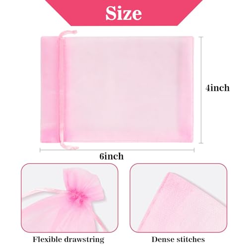 Image of Sukh 100 Pink Organza Bags 4 inchx6 inch - Small Organza Sachet Jewelry Gift Favor Bags Drawstring Mesh Bags Gifts Valentines Wedding Eid Mubarak Halloween Eve Christmas New Year Party Candy Fruit Wrap