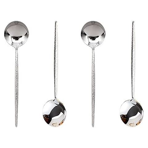 Stainless Steel Hammered Soup Spoon, Korean Long Round Handle Spoon, 4 Pieces of Steel Hammered Spoons, 8 Inches Cover