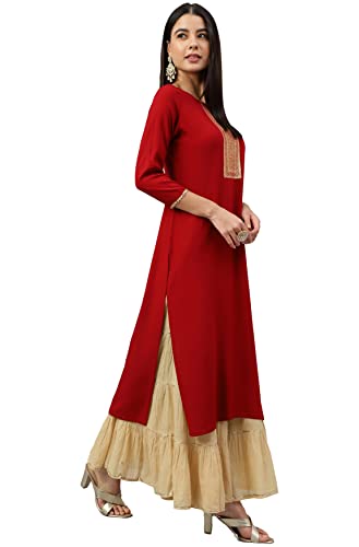 Image of Janasya Women's Maroon Rayon Solid Straight Kurta