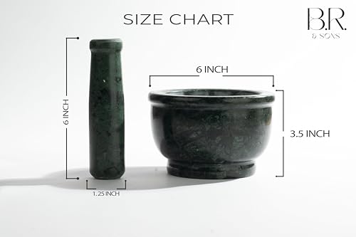 Image of BR & Sons Premium Green Marble Mortar and Pestle Set 6 Inch | Traditional Imam Dasta Kundi Kharal Okhli | Heavy Duty Spice Grinder for Kitchen