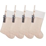 Shgngle 19.5 inch Personalized Burlap Christmas Stockings，Blank Wooden Tags DIY Name,Holiday Party Decor（flaxen 4Pcs）
