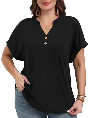 OLRIK Women Plus Size Summer Tops Trendy Button Down V Neck Loose Fit Shirts Short Sleeve Blouses Business Casual Loose Tunics Black-2X