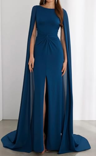 Women’s Chiffon Formal Dresses with Cape 2025 Slit Backless Maxi Bridesmaid Dresses with Train Evening Gowns2